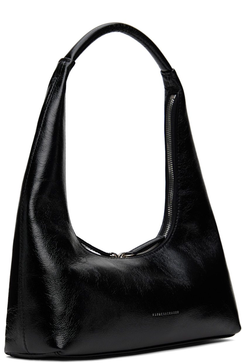 Polished crinkled leather shoulder bag in black.

· Integrated shoulder strap
· Logo stamp at face
· Two-way zip closure
· Patch pocket at interior
· Logo-woven twill lining
· H4.5" x W10.25" x D2.5"
· Total height: H12"

Supplier color: Black crinkle