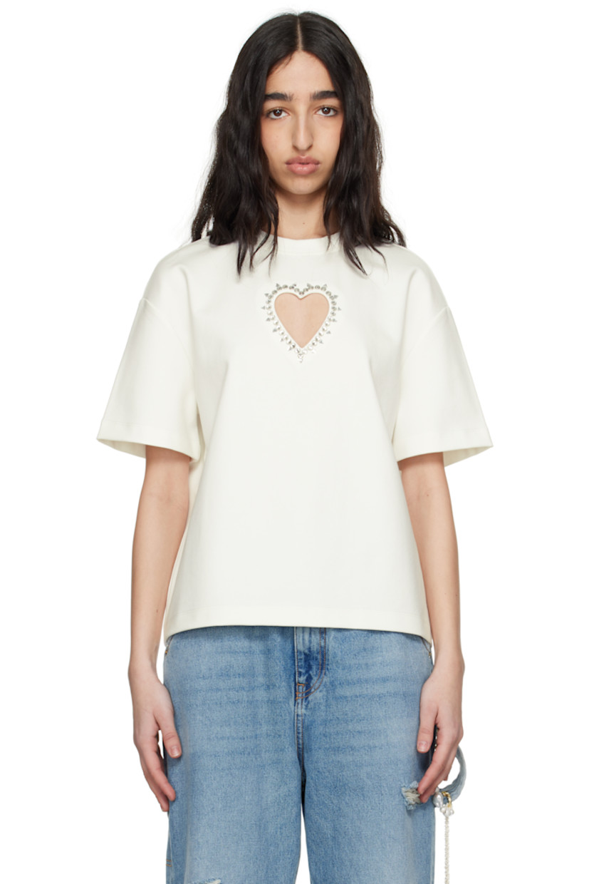 Stretch viscose-blend ponte jersey T-shirt.

· Crewneck
· Graphic cutout with crystal-cut appliqués at chest
· Dropped shoulders

Supplier color: Off white