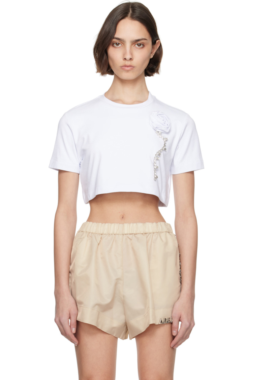 Stretch cotton jersey T-shirt. 

· Crewneck
· Floral appliqué and prong-set crystals at front 
· Cropped hem 

Supplier color: White