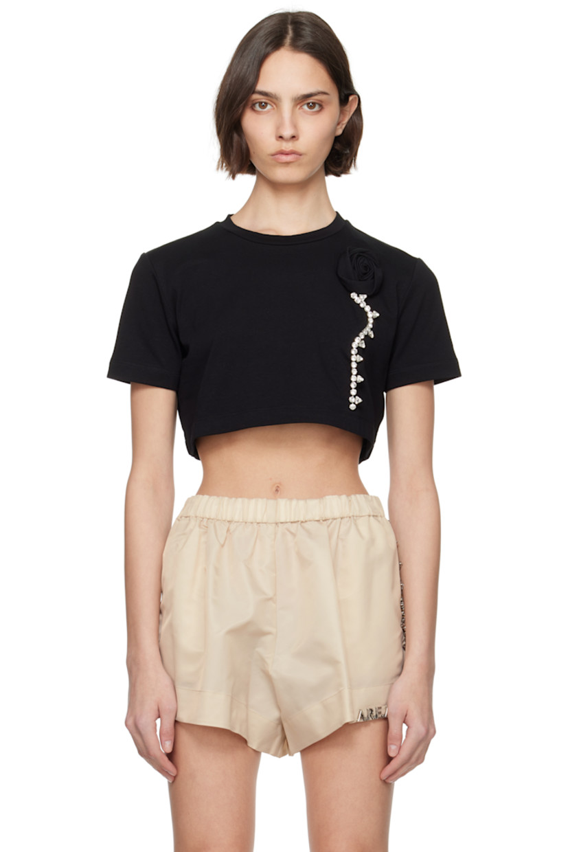 Stretch cotton jersey T-shirt. 

· Crewneck
· Floral appliqué and prong-set crystals at front 
· Cropped hem 

Supplier color: Black