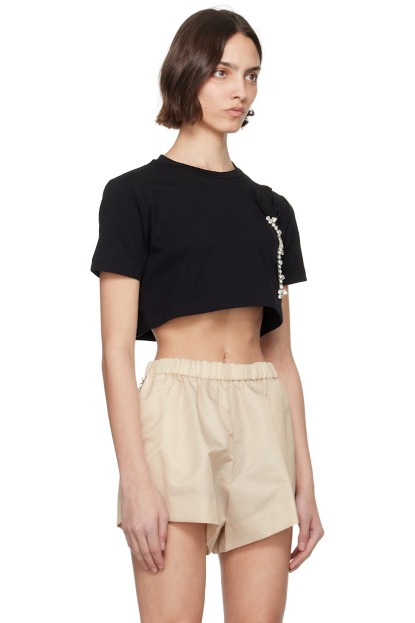 Stretch cotton jersey T-shirt. 

· Crewneck
· Floral appliqué and prong-set crystals at front 
· Cropped hem 

Supplier color: Black