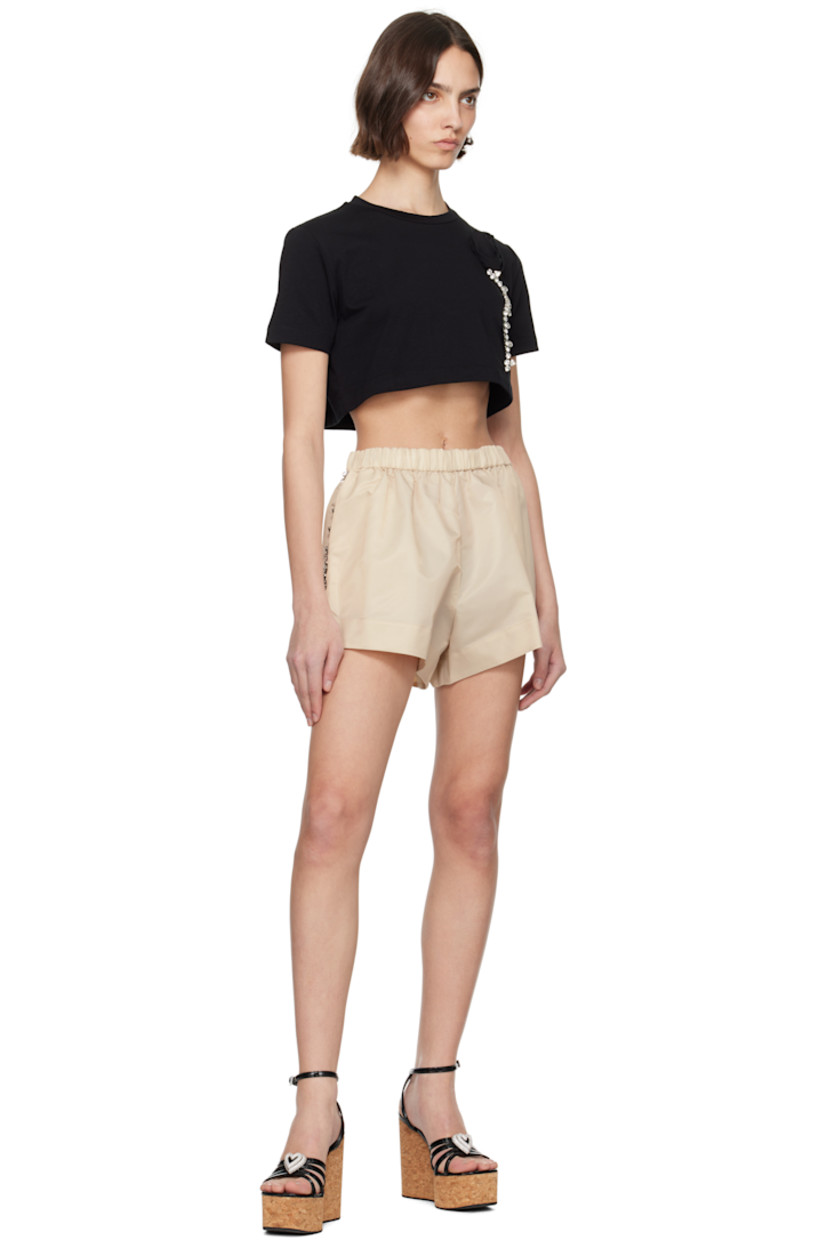 Stretch cotton jersey T-shirt. 

· Crewneck
· Floral appliqué and prong-set crystals at front 
· Cropped hem 

Supplier color: Black