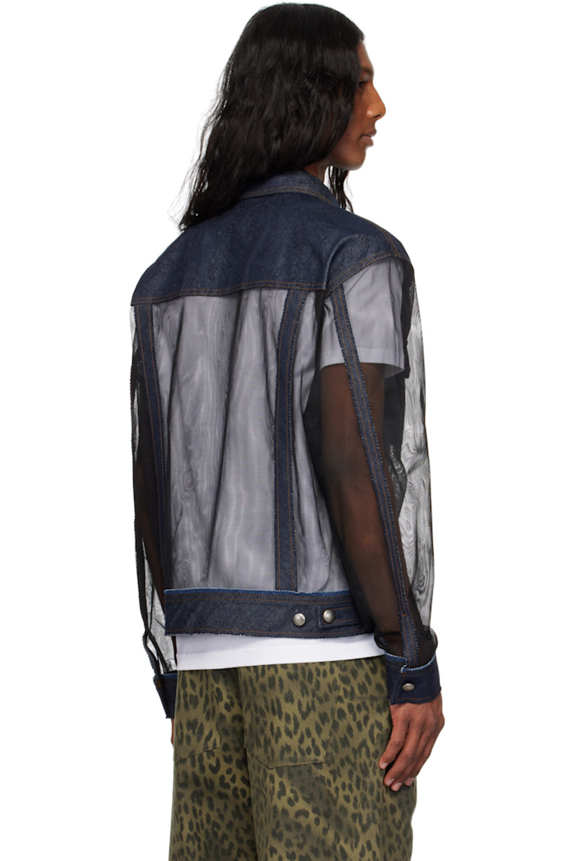 Semi-sheer polyester tulle and non-stretch denim jacket. Raw edges throughout.

· Paneled construction
· Spread collar
· Button closure
· Graphic topstitching at yoke
· Pleats at front
· Flap pockets at chest
· Cropped hem
· Buttoned cuffs
· Adjustable button tabs at back hem
· Logo-engraved antiqued silver-tone hardware
· Contrast stitching in tan

Supplier color: Blue