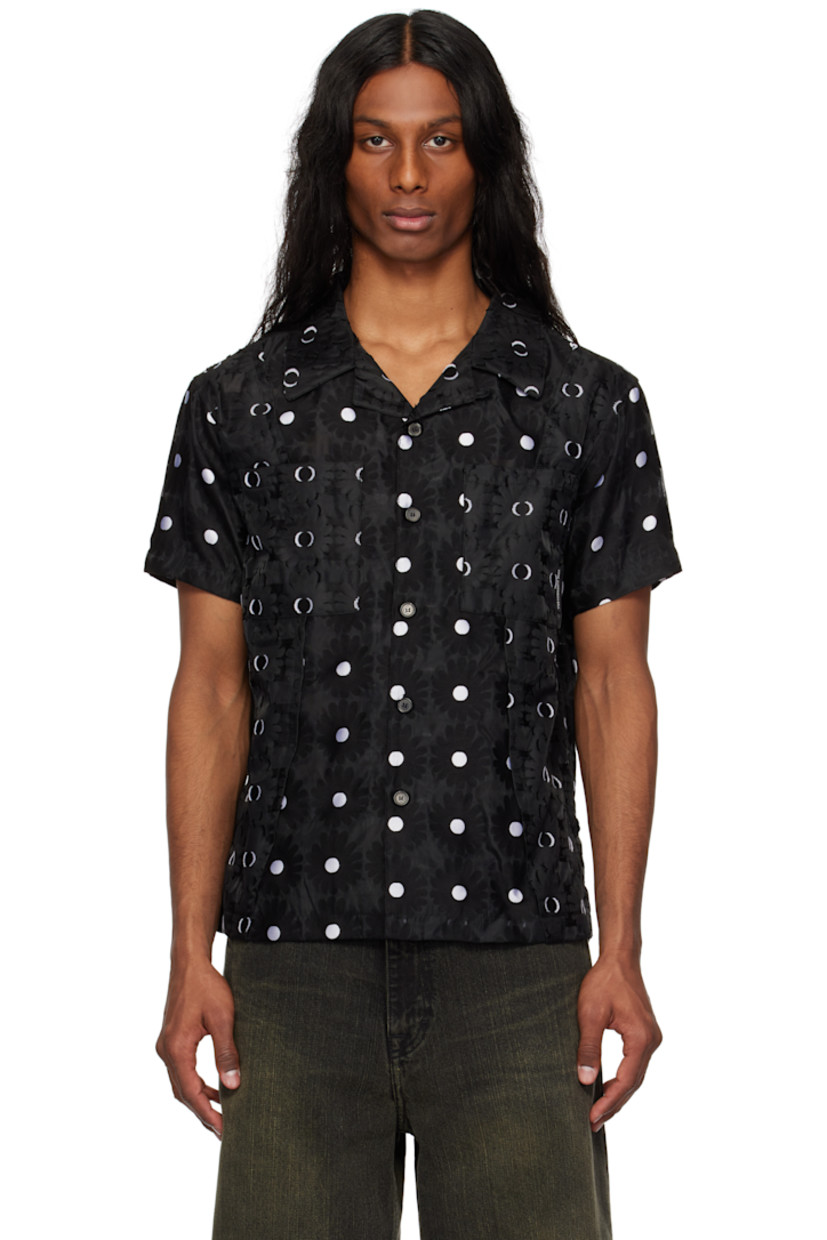 Semi-sheer viscose-blend tulle shirt. Floral pattern throughout.

· Button fastening at open spread collar
· Button closure
· Patch pockets at chest
· Pleats at front
· Logo flag at patch pocket
· Vented side seams
· Twin pleats back yoke
· Fully lined

Supplier color: Black