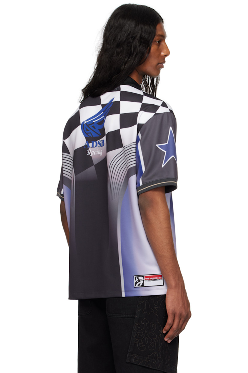 Stretch polyester interlock jersey polo. Graphics printed throughout.

· Paneled construction
· Rib-knit spread collar and cuffs
· Logo graphic printed at front and back
· Stripe at cuffs
· Logo patch at back hem

Supplier color: Blue/Black
