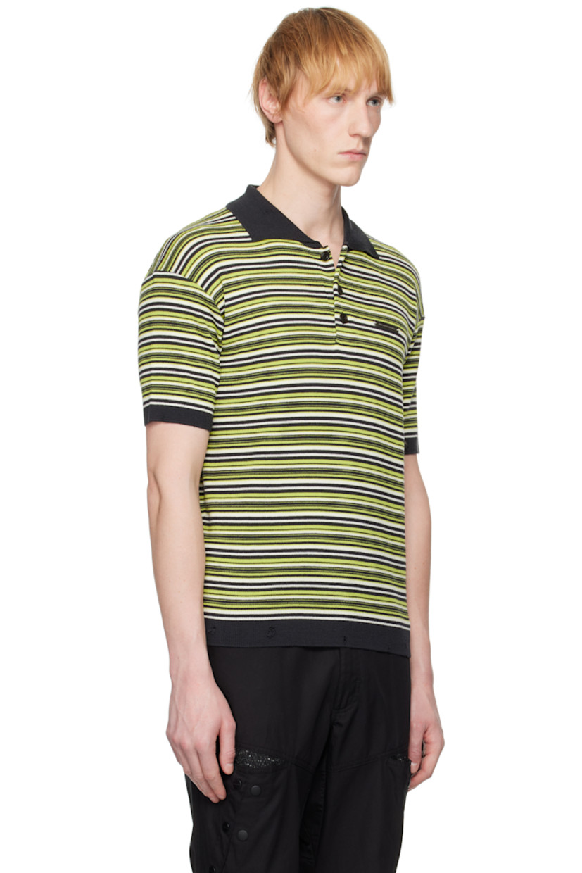 Rib-knit wool polo. Stripes throughout.

· Distressing at spread collar, hem, and cuffs
· Three-button placket
· Logo plaque at chest

Supplier color: Charcoal/Lime