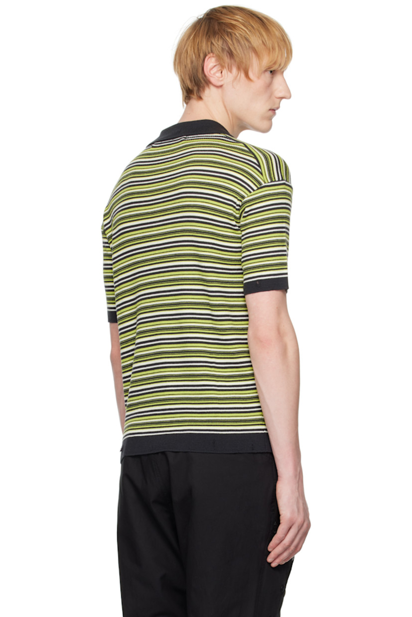 Rib-knit wool polo. Stripes throughout.

· Distressing at spread collar, hem, and cuffs
· Three-button placket
· Logo plaque at chest

Supplier color: Charcoal/Lime