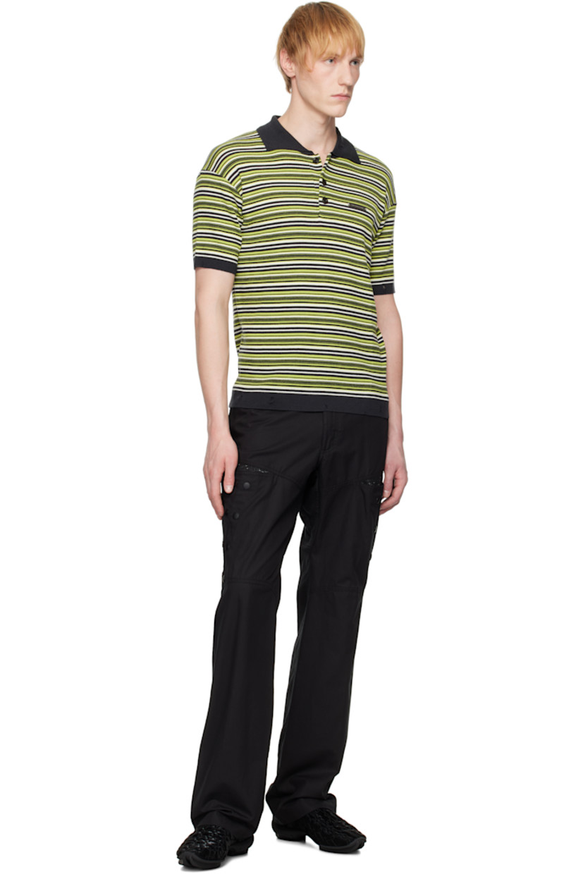 Rib-knit wool polo. Stripes throughout.

· Distressing at spread collar, hem, and cuffs
· Three-button placket
· Logo plaque at chest

Supplier color: Charcoal/Lime