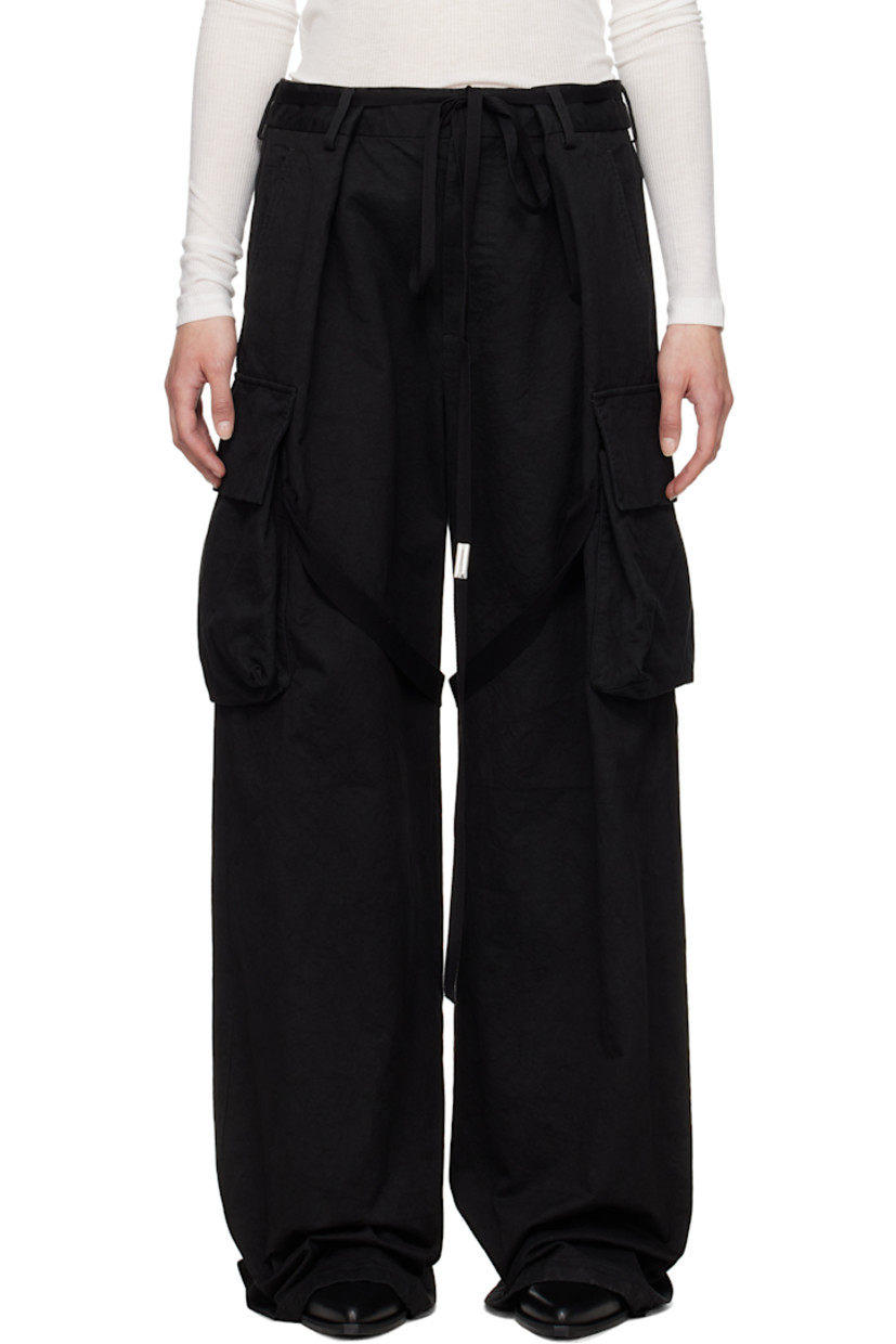 Wide-leg cotton twill cargo pants.

· Belt loops
· Two-pocket styling
· Button fly
· Detachable webbing strap with logo plaque at front
· Cinch strap at legs
· Drawstring at cuffs 
· Cargo pocket at outseams

Supplier color: Black