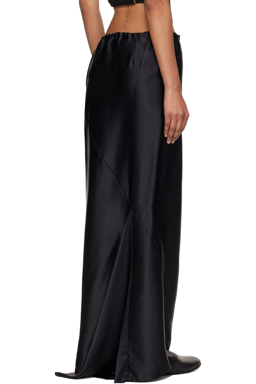 Silk satin maxi skirt. 

· Bias-cut 
· Drawstring with logo plaque at waistband
· Raw edge at asymmetrical train hem 
· Concealed zip closure at side
· Unlined

Supplier color: Black