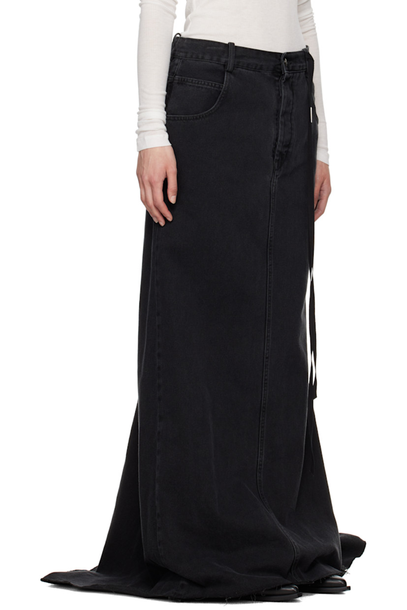 Non-stretch denim maxi skirt. Fading throughout.

· Belt loops
· Five-pocket styling
· Button fly
· Detachable webbing strap with logo plaque at front
· Raw edge at hem

Supplier color: Black