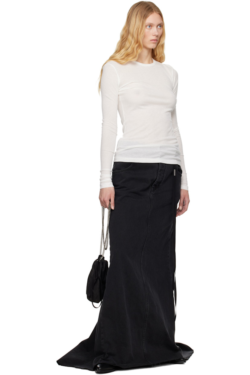 Non-stretch denim maxi skirt. Fading throughout.

· Belt loops
· Five-pocket styling
· Button fly
· Detachable webbing strap with logo plaque at front
· Raw edge at hem

Supplier color: Black