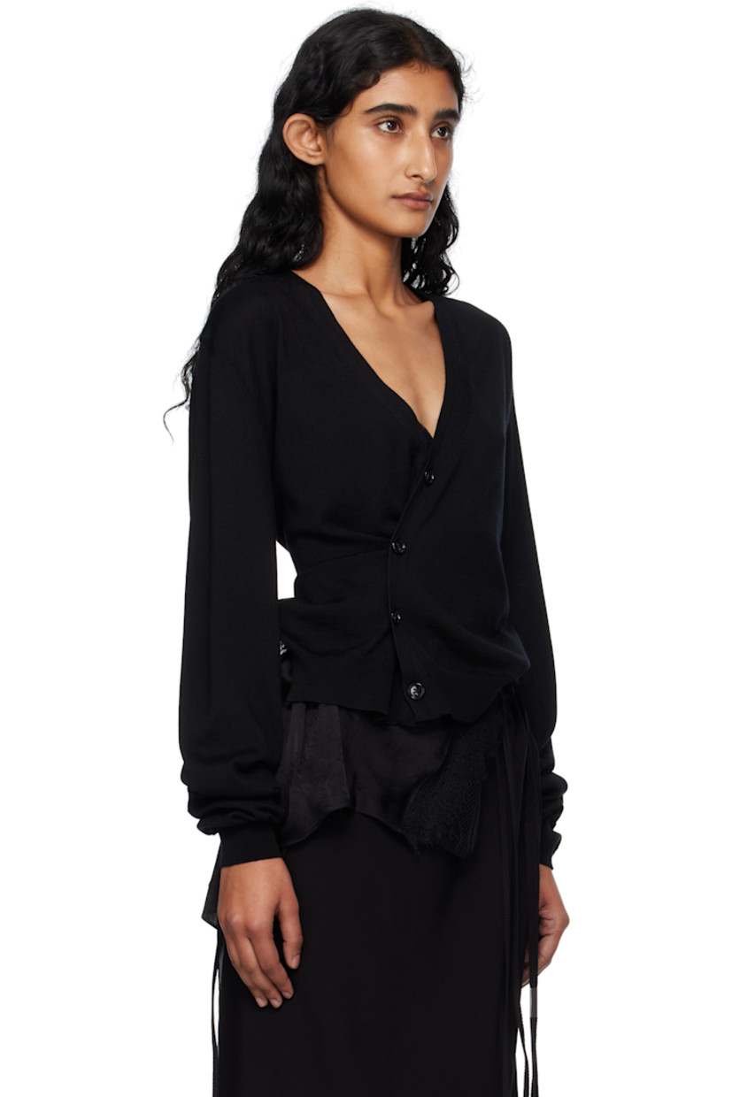 Knit wool and viscose-blend twill cardigan.

· Paneled construction
· Rib-knit Y-neck, hem, and cuffs
· Offset button closure
· Vented side seams
· Cinch straps at back

Supplier color: Black