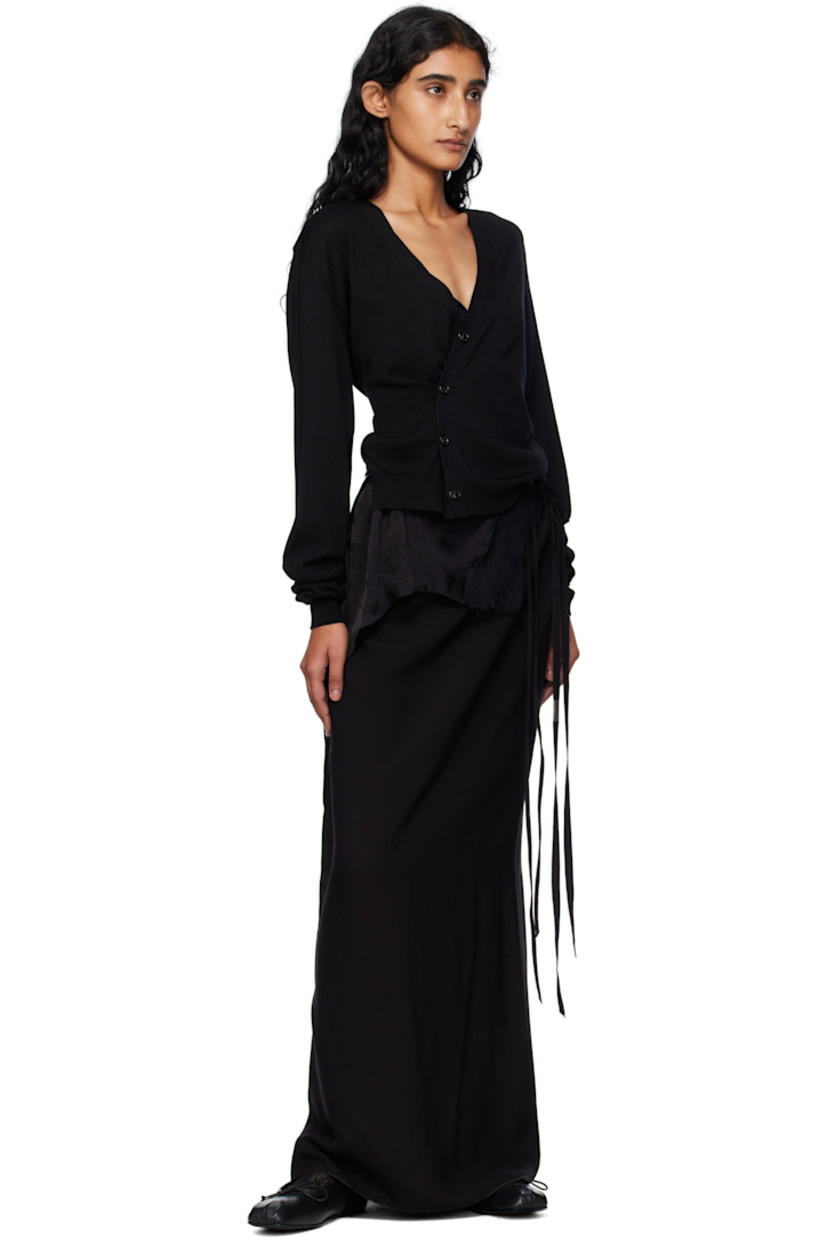 Knit wool and viscose-blend twill cardigan.

· Paneled construction
· Rib-knit Y-neck, hem, and cuffs
· Offset button closure
· Vented side seams
· Cinch straps at back

Supplier color: Black