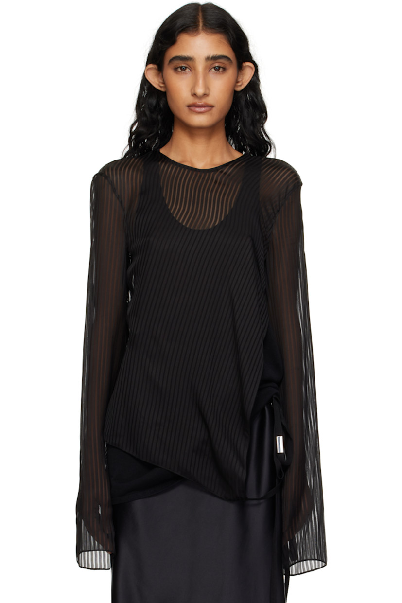 Sheer viscose- and silk-blend Pekin georgette T-shirt. 

· Striped throughout 
· Crewneck 
· Vented side seams
· Asymmetrical hem 
· Offset press-stud closure at back collar 
· Detachable webbing strap with logo plaque at interior

Supplier color: Black