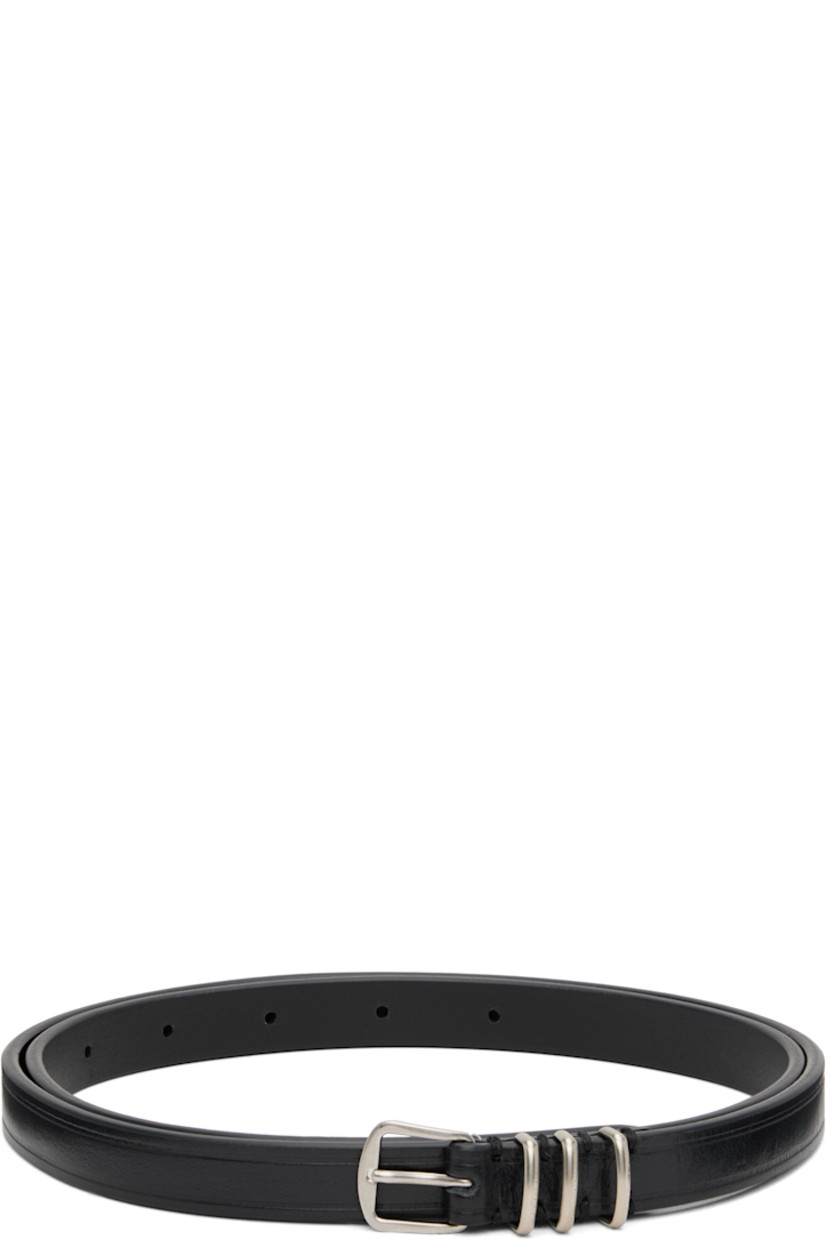 Grained calfskin belt.

· Metal keeper loops at length
· Pin-buckle fastening 
· Silver-tone hardware
· W0.5"

Supplier color: Black