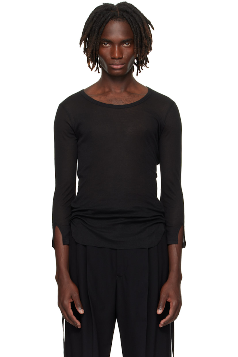 Lightweight knit cotton T-shirt.

· Semi-sheer
· Rib-knit crewneck
· Raw edge at hem
· Ruching with grosgrain strap at sides
· Three-quarter sleeves
· Vent at cuffs

Supplier color: Black