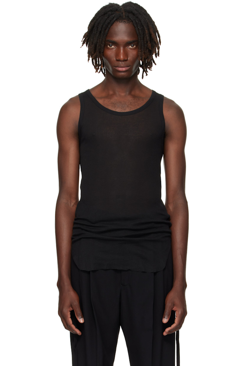 Lightweight rib-knit cotton tank top.

· Semi-sheer
· Scoop neck
· Raw edge at hem
· Ruching with grosgrain strap at sides

Supplier color: Black