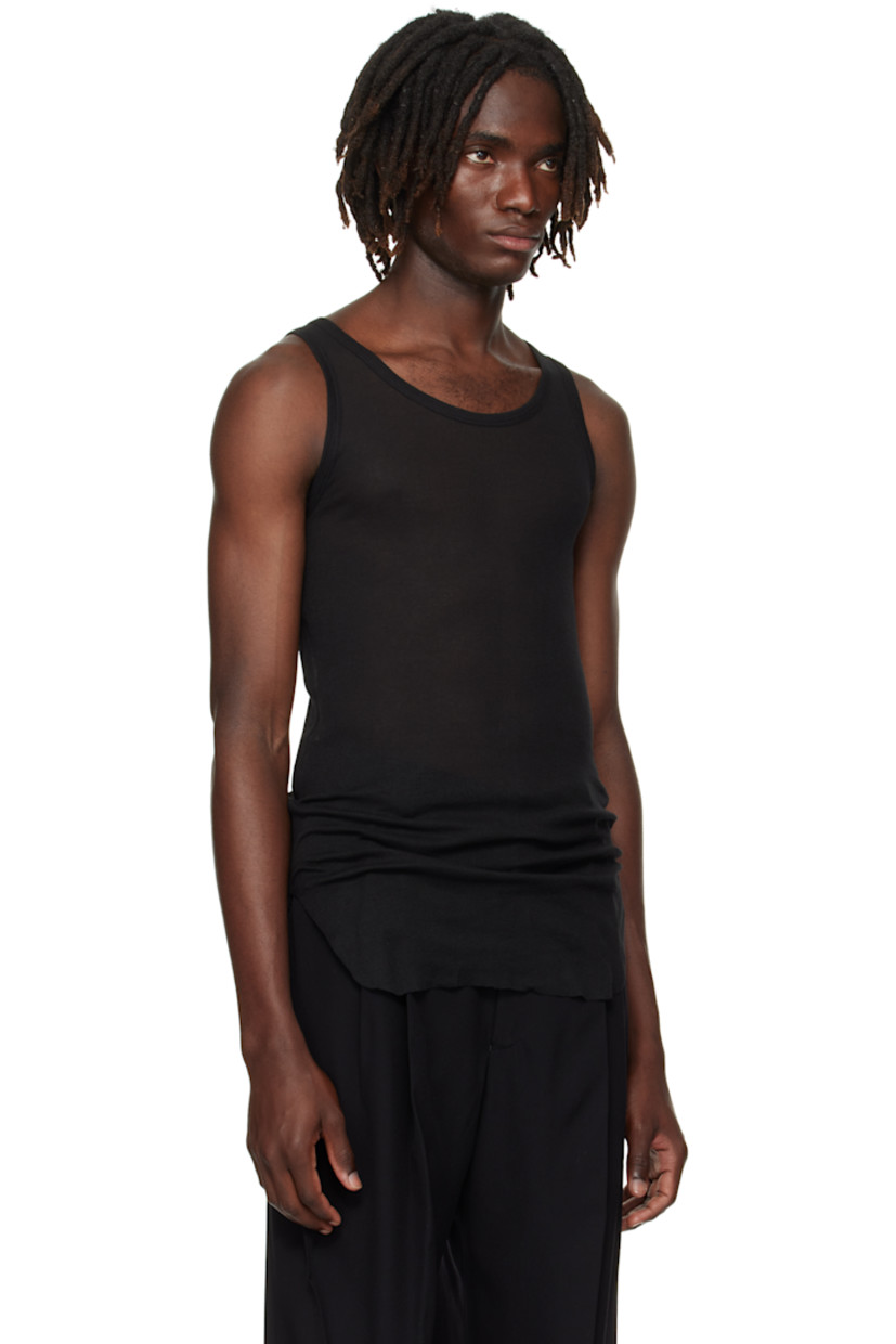 Lightweight rib-knit cotton tank top.

· Semi-sheer
· Scoop neck
· Raw edge at hem
· Ruching with grosgrain strap at sides

Supplier color: Black