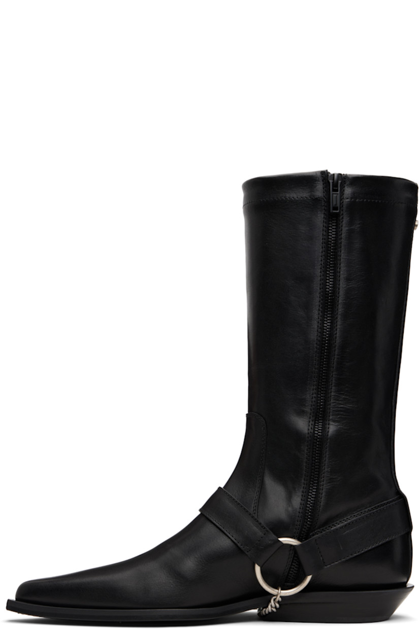 Mid-calf buffed nappa leather boots.

· Pointed toe
· Harness-style pin-buckle strap
· Rivet at heel collar
· Zip closure at inner side
· Buffed leather lining
· Stacked leather block heel with rubber injection
· Curb chain detailing at sole
· Polished leather sole

Supplier color: Black