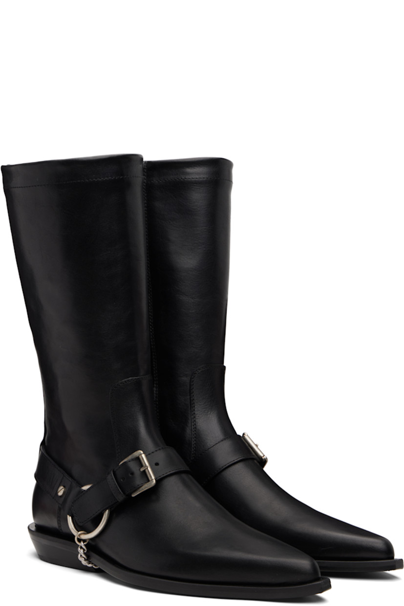 Mid-calf buffed nappa leather boots.

· Pointed toe
· Harness-style pin-buckle strap
· Rivet at heel collar
· Zip closure at inner side
· Buffed leather lining
· Stacked leather block heel with rubber injection
· Curb chain detailing at sole
· Polished leather sole

Supplier color: Black