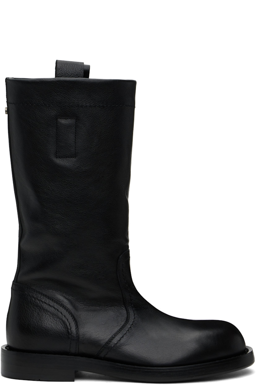 Mid-calf grained and buffed leather slip-on boots in black.

· Pull-loops at collar
· Rivet at heel counter
· Buffed leather and nubuck lining
· Stacked leather block heel with rubber injection
· Polished leather sole
· Heel: H1.25"

Supplier color: Black
