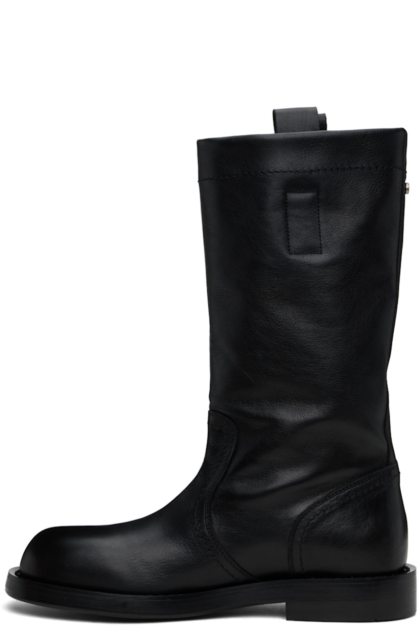 Mid-calf grained and buffed leather slip-on boots in black.

· Pull-loops at collar
· Rivet at heel counter
· Buffed leather and nubuck lining
· Stacked leather block heel with rubber injection
· Polished leather sole
· Heel: H1.25"

Supplier color: Black