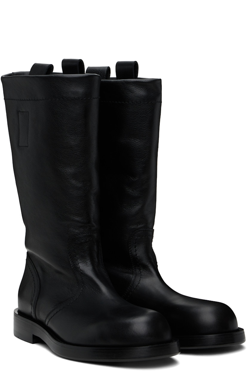 Mid-calf grained and buffed leather slip-on boots in black.

· Pull-loops at collar
· Rivet at heel counter
· Buffed leather and nubuck lining
· Stacked leather block heel with rubber injection
· Polished leather sole
· Heel: H1.25"

Supplier color: Black