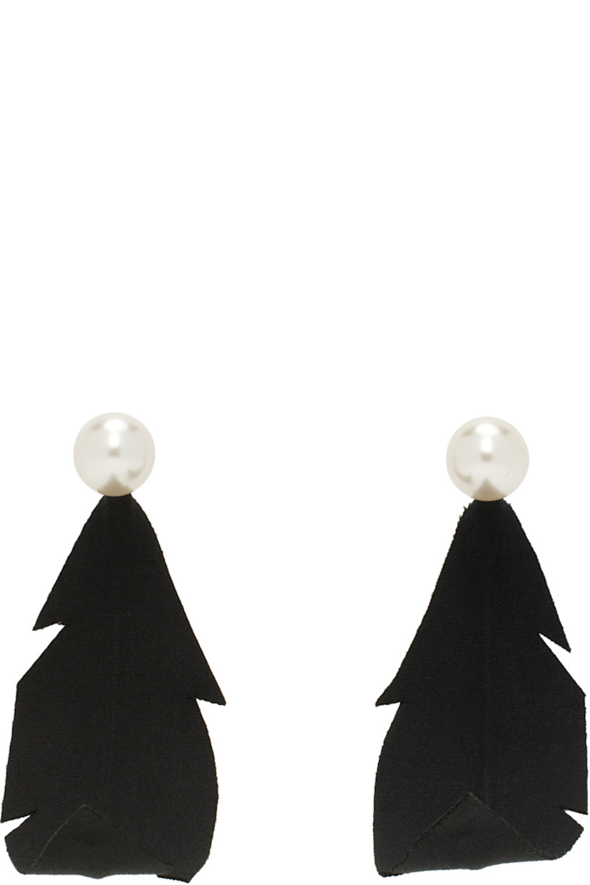Pair of drop earrings in silver-tone brass. 

· Glass pearl at face
· Cotton canvas graphic at drop
· Post-stud fastening 
· H3" x W1"

Supplier color: Black