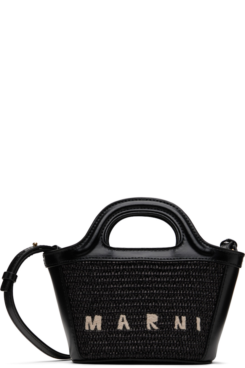 Woven faux-raffia and buffed calfskin tote in black.

· Twin carry handles
· Adjustable and detachable crossbody strap
· Logo embroidered at face
· Post-stud tab at throat
· Card slot at interior
· Cotton twill lining
· H4.5" x W8" x D3"

Supplier color: Black