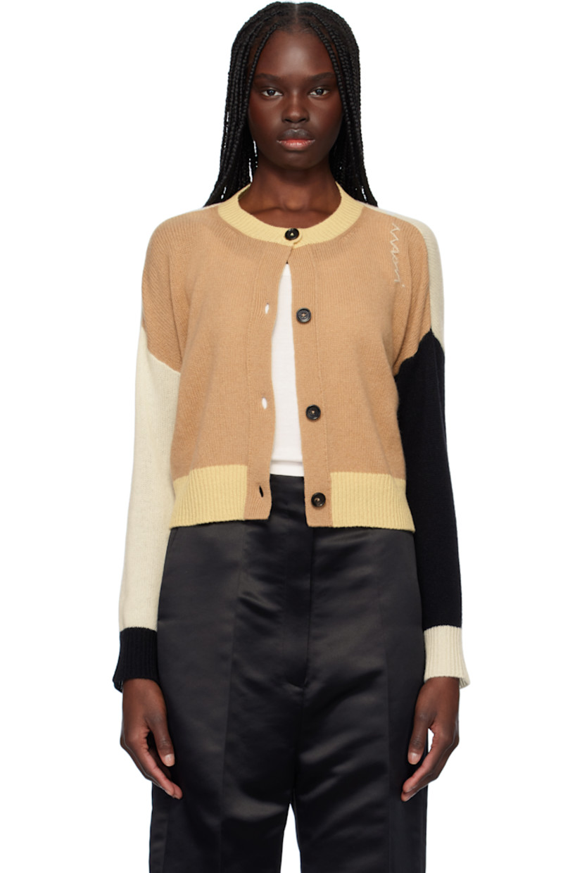 Knit cashmere cardigan. 

· Rib-knit crewneck, hem, and cuffs
· Button closure
· Hand-embroidered logo at shoulder

Supplier color: Winter wheat
