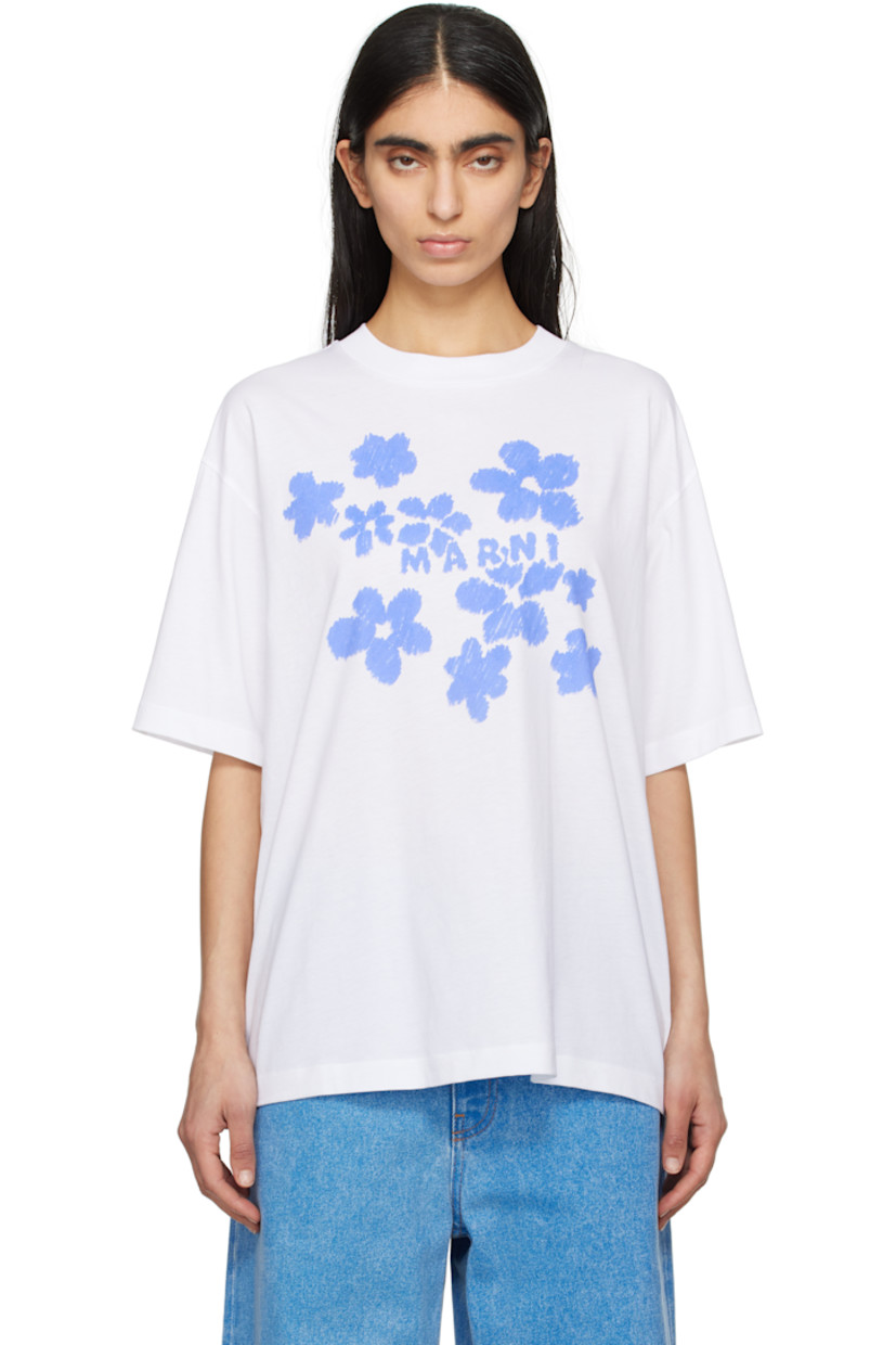 Cotton jersey T-shirt.

· Rib-knit crewneck
· Floral graphic and logo printed at chest
· Dropped shoulders

Supplier color: Lily white
