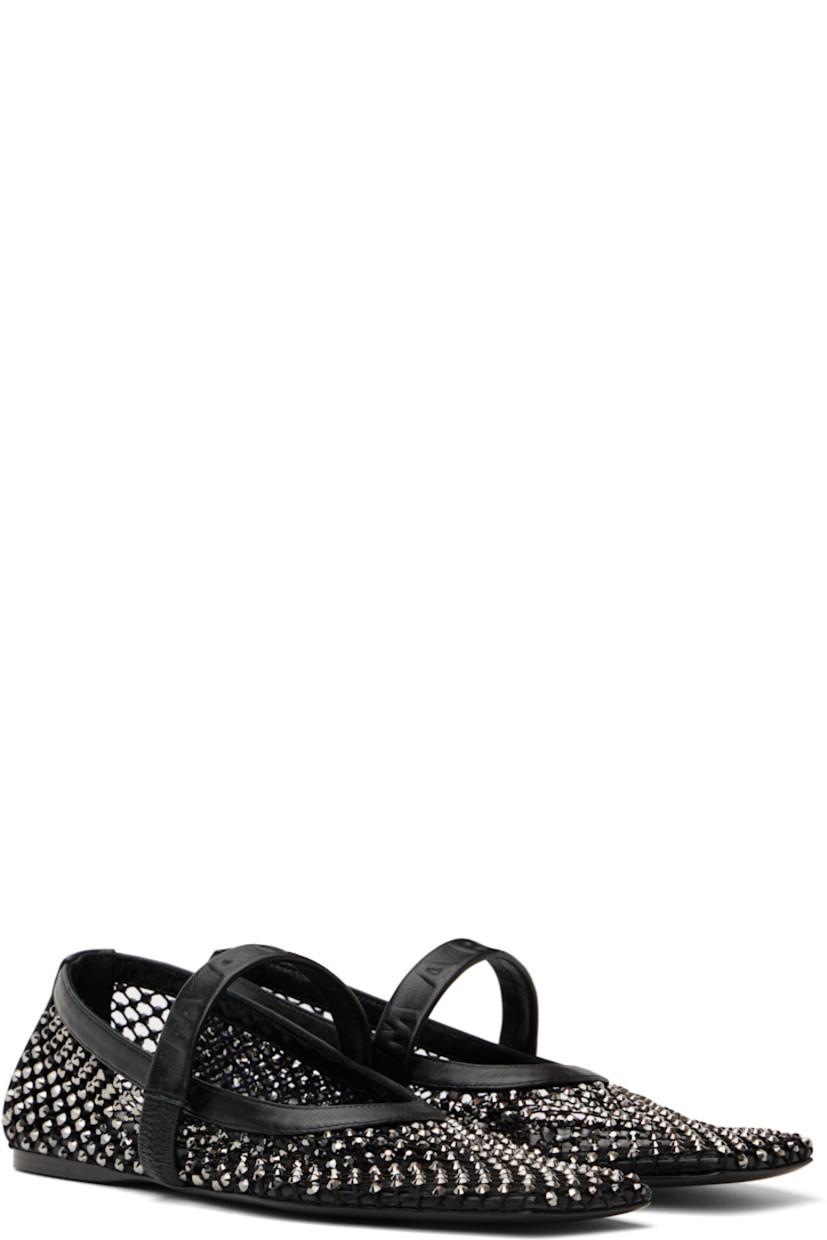 Mesh and buffed calfskin Mary Jane-style ballerina flats in black.

· Crystal-cut appliqués throughout
· Square toe
· Logo-embossed elasticized strap at vamp
· Polished calfskin sole with rubber injection

Supplier color: Black
