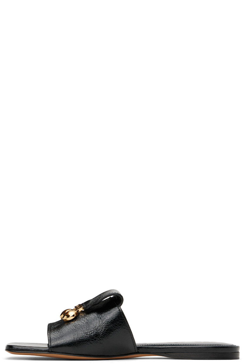 Crinkled patent calfskin flat sandals in black.

· Open square toe
· Logo-engraved hardware at vamp
· Polished calfskin sole with rubber injection

Supplier color: Black