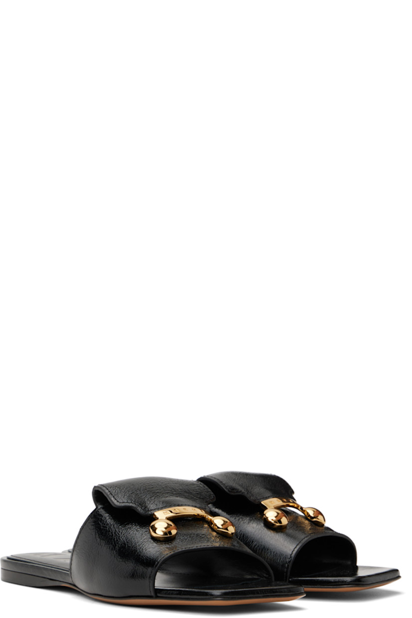 Crinkled patent calfskin flat sandals in black.

· Open square toe
· Logo-engraved hardware at vamp
· Polished calfskin sole with rubber injection

Supplier color: Black