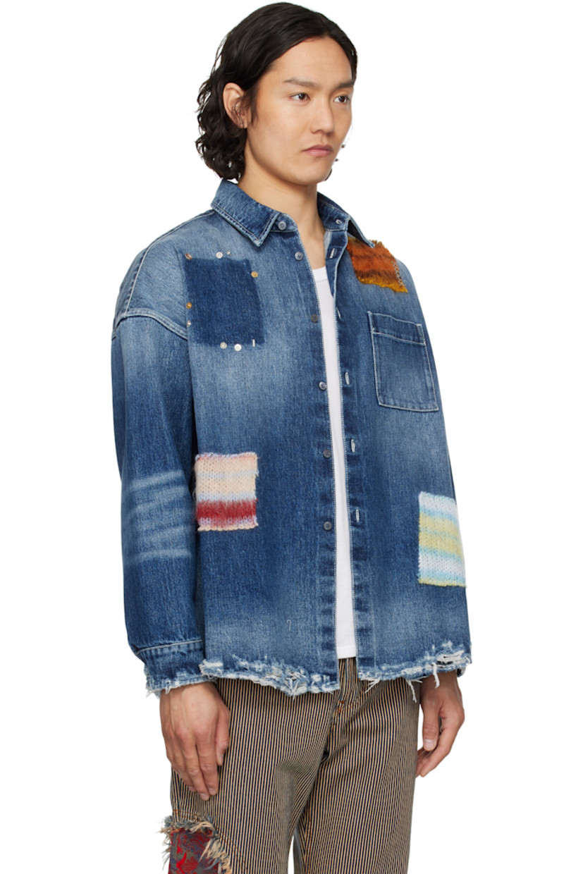 Non-stretch denim shirt. Fading and whiskering throughout.

· Spread collar
· Button closure
· Metal eyelet, rivets, and knit mohair-blend patches at front
· Patch pocket at chest
· Distressing at hem and cuffs
· Logo hardware at shoulder
· Adjustable single-button barrel cuffs
· Logo-engraved silver- and gold-tone hardware
· Contrast stitching in white

Supplier color: Ultramarine