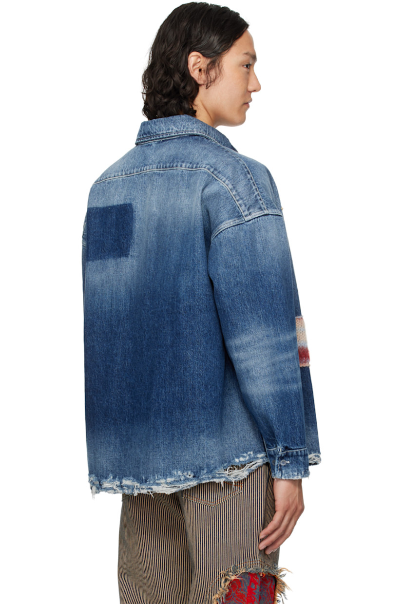 Non-stretch denim shirt. Fading and whiskering throughout.

· Spread collar
· Button closure
· Metal eyelet, rivets, and knit mohair-blend patches at front
· Patch pocket at chest
· Distressing at hem and cuffs
· Logo hardware at shoulder
· Adjustable single-button barrel cuffs
· Logo-engraved silver- and gold-tone hardware
· Contrast stitching in white

Supplier color: Ultramarine