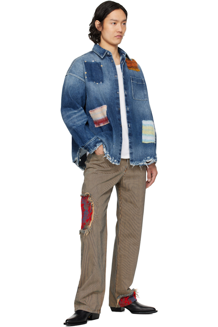 Non-stretch denim shirt. Fading and whiskering throughout.

· Spread collar
· Button closure
· Metal eyelet, rivets, and knit mohair-blend patches at front
· Patch pocket at chest
· Distressing at hem and cuffs
· Logo hardware at shoulder
· Adjustable single-button barrel cuffs
· Logo-engraved silver- and gold-tone hardware
· Contrast stitching in white

Supplier color: Ultramarine