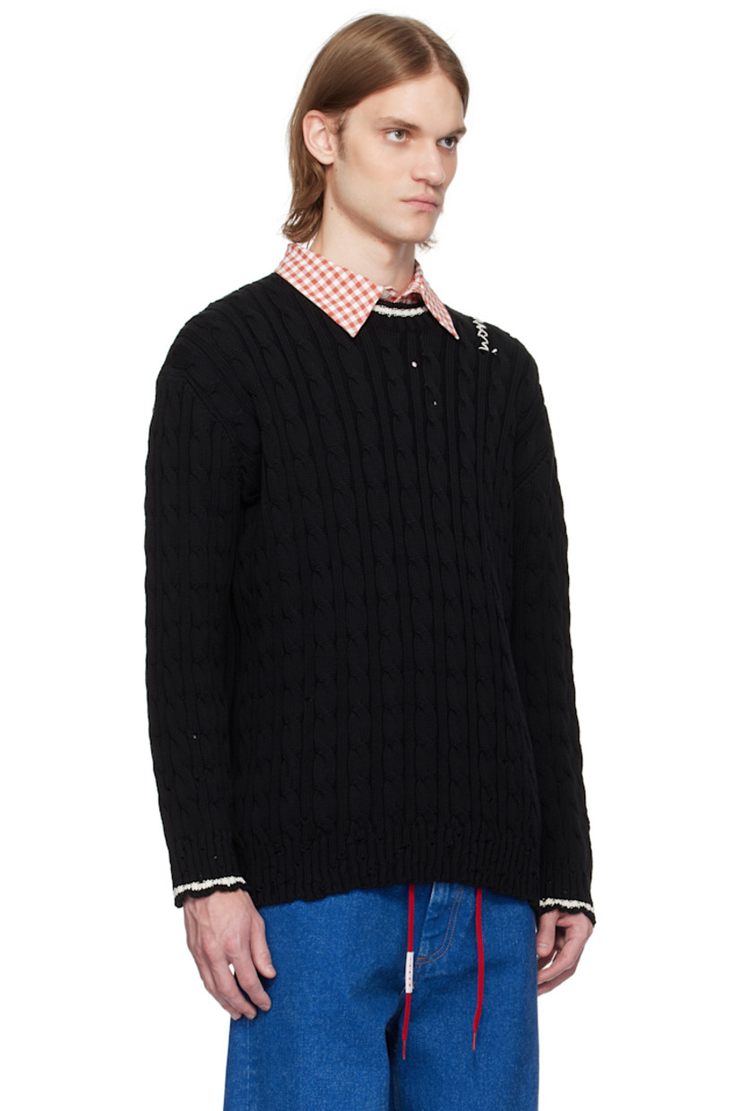 5-gauge cable-knit cotton sweater. Subtle distressing throughout. 

· Rib-knit crewneck, hem, and cuffs
· Jacquard stripes at collar and cuffs
· Logo embroidered at shoulder
· Dropped shoulders

Supplier color: Black