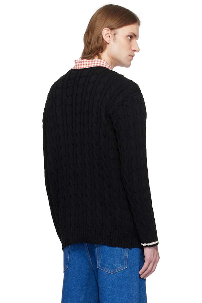 5-gauge cable-knit cotton sweater. Subtle distressing throughout. 

· Rib-knit crewneck, hem, and cuffs
· Jacquard stripes at collar and cuffs
· Logo embroidered at shoulder
· Dropped shoulders

Supplier color: Black