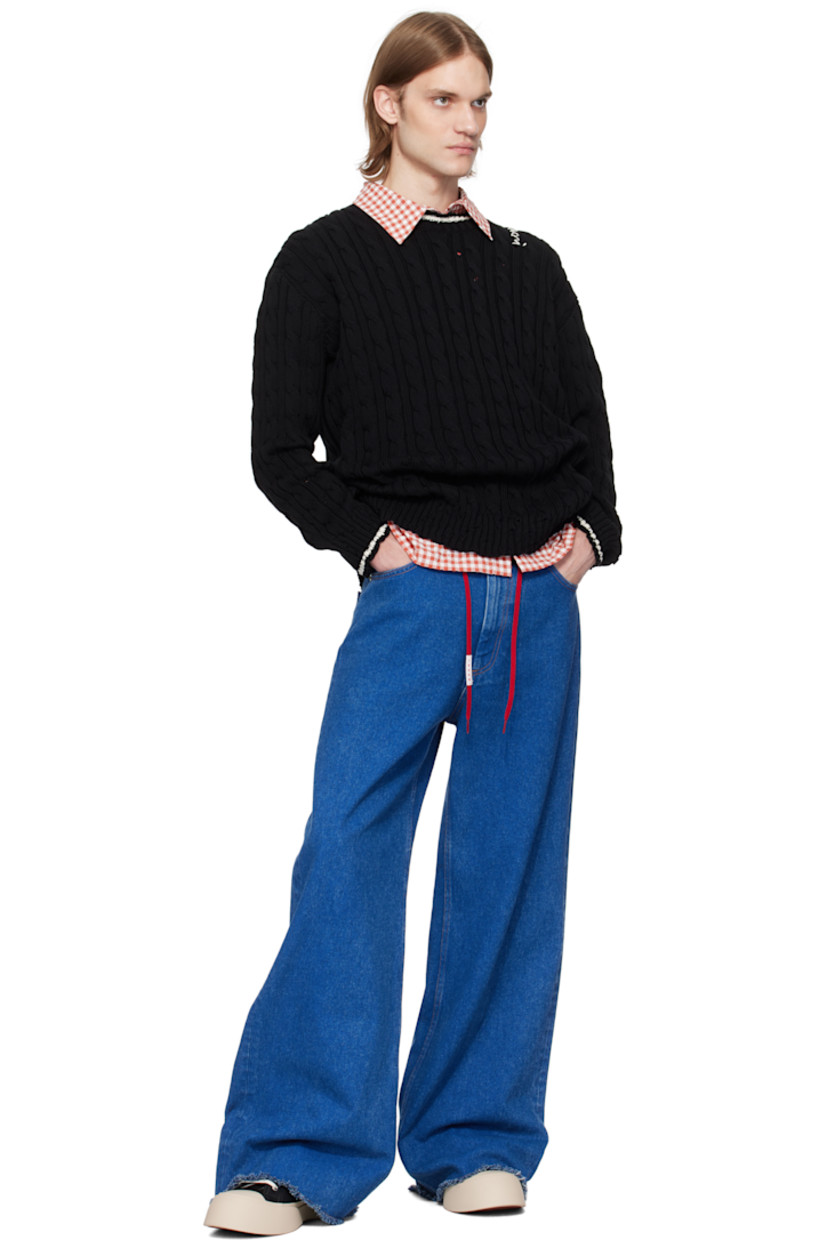 5-gauge cable-knit cotton sweater. Subtle distressing throughout. 

· Rib-knit crewneck, hem, and cuffs
· Jacquard stripes at collar and cuffs
· Logo embroidered at shoulder
· Dropped shoulders

Supplier color: Black