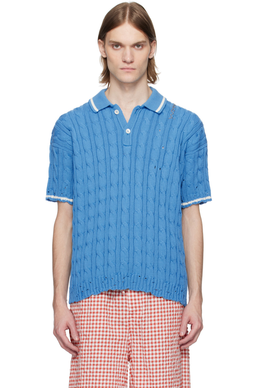 Cable-knit cotton polo. Distressing throughout.

· Rib-knit spread collar, hem, and cuffs
· Stripe at collar and cuffs
· Two-button placket
· Hand-stitched logo at shoulder
· Dropped shoulders

Supplier color: Azure