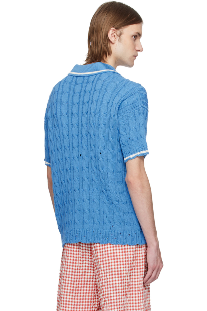 Cable-knit cotton polo. Distressing throughout.

· Rib-knit spread collar, hem, and cuffs
· Stripe at collar and cuffs
· Two-button placket
· Hand-stitched logo at shoulder
· Dropped shoulders

Supplier color: Azure
