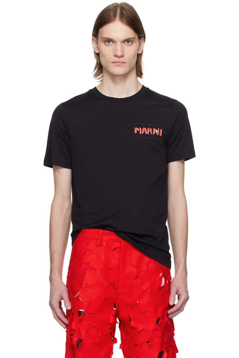 Cotton jersey T-shirt.

· Rib-knit crewneck
· Logo patch with red stitching at chest
· Loose thread detailing at chest

Supplier color: Black