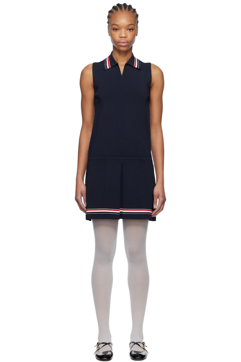 Stretch viscose-blend crêpe jersey minidress.

· Intarsia stripes at spread collar and hem
· Button closure at keyhole neck
· Inverted box pleat at front
· Rib-knit armscyes
· Tricolor grosgrain flag at back collar

Supplier color: Navy