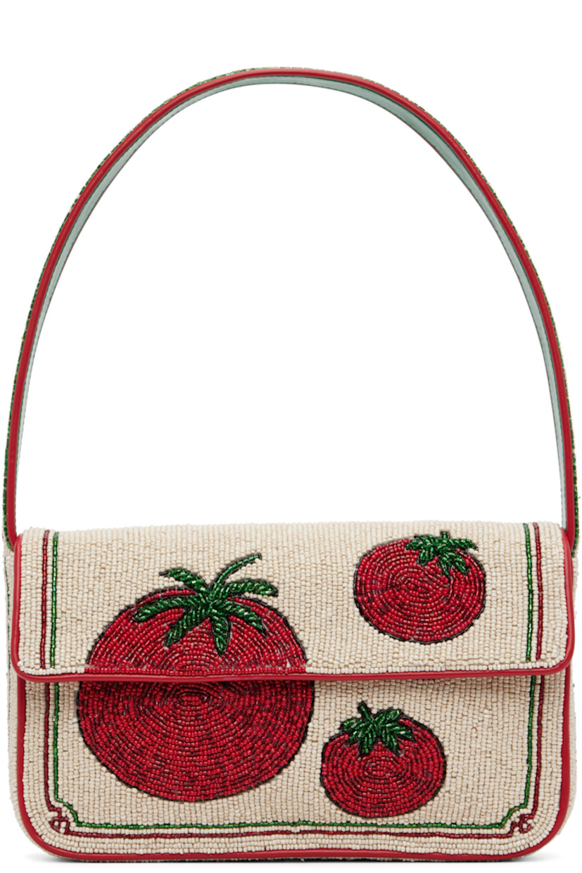 Hand-beaded shoulder bag.

· Beaded graphics and stripes throughout
· Faux-leather trim throughout
· Fixed shoulder strap
· Patch pocket and beaded logo at back face
· Magnetic press-stud flap
· Zip pocket at interior
· Satin lining
· H6.25" x W10" x D2"

Supplier color: Tomato