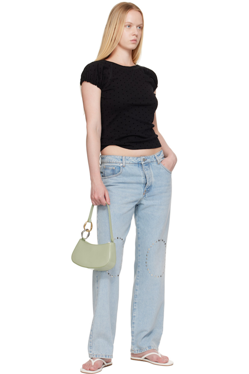 Polished leather shoulder bag.

· Curb chain hardware at fixed shoulder strap
· Logo embossed at back face
· Zip closure
· Zip pocket and patch pocket at interior
· Suede lining
· Silver-tone and gold-tone hardware
· H4.25" x W9.5" x D2"

Supplier color: Pale jade