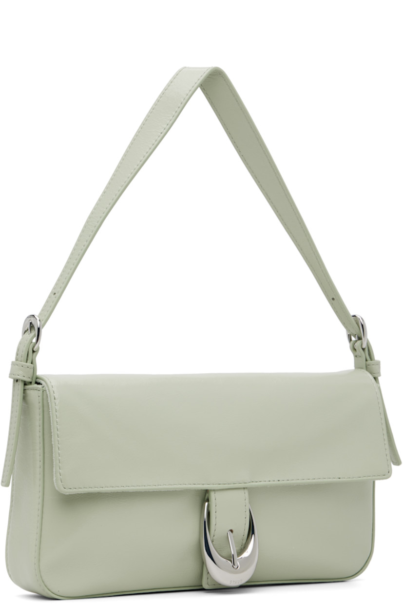 Crinkled and polished leather shoulder bag.

· Adjustable shoulder strap
· Logo embossed at back face
· Pin-buckle hardware at magnetic press-stud flap
· Zip pocket at suede interior
· Logo-engraved silver-tone hardware
· H5" x W9.75" x D1.5"

Supplier color: Pale jade