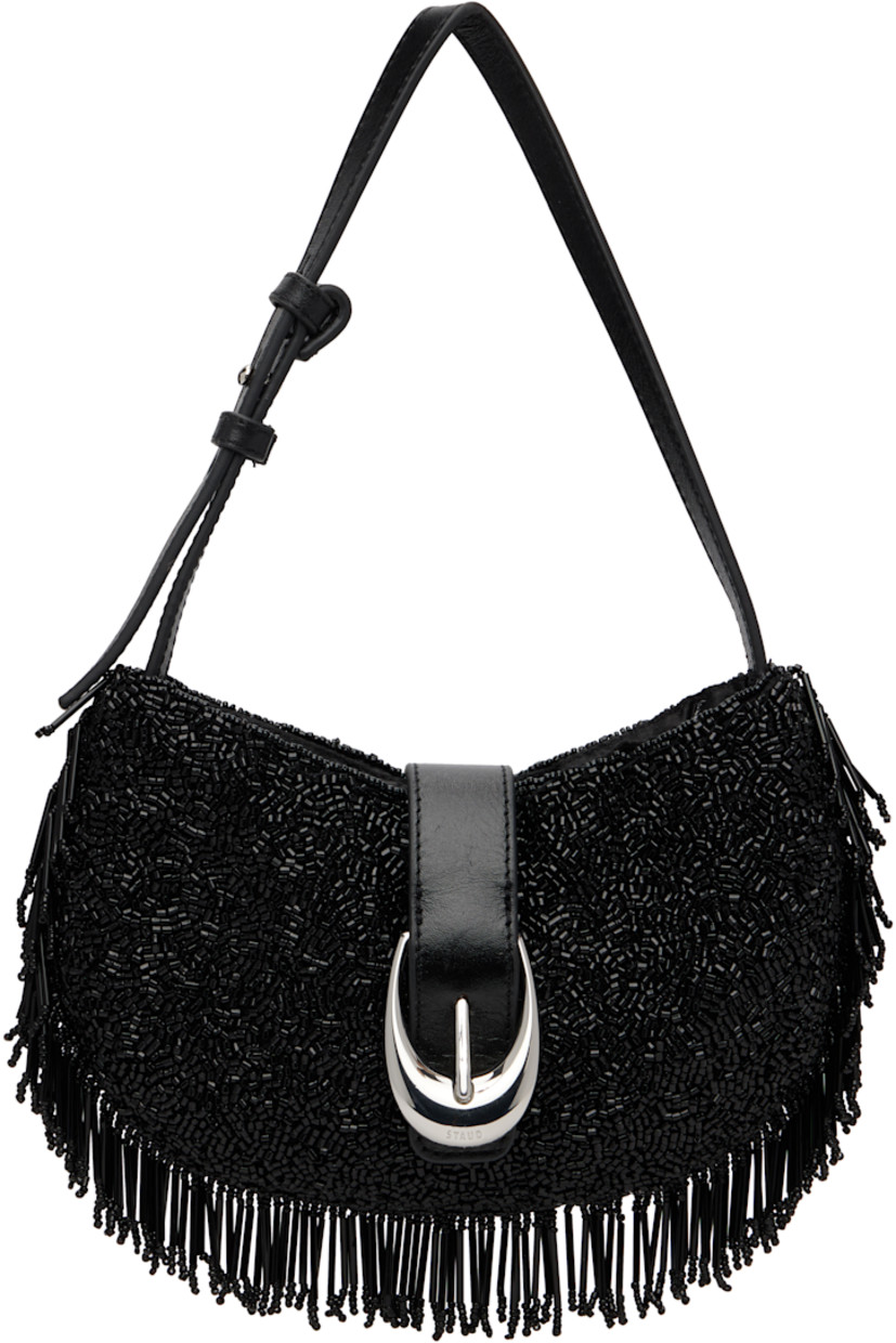Beaded shoulder bag.

· Fringed detailing throughout
· Adjustable shoulder strap
· Beaded logo at back face
· Pin-buckle hardware at magnetic press-stud fastening
· Card slot at interior
· Satin lining
· H5" x W8" x D1.25"

Supplier color: Black fringe