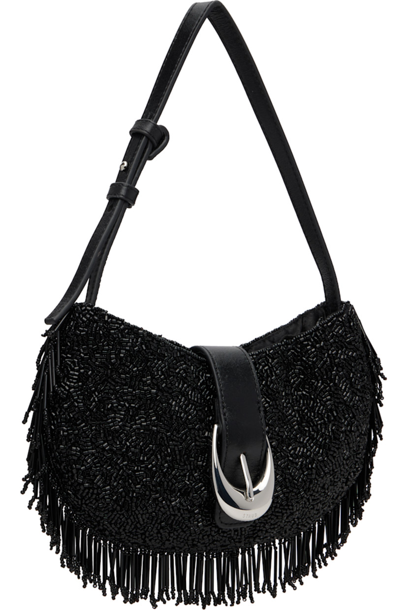 Beaded shoulder bag.

· Fringed detailing throughout
· Adjustable shoulder strap
· Beaded logo at back face
· Pin-buckle hardware at magnetic press-stud fastening
· Card slot at interior
· Satin lining
· H5" x W8" x D1.25"

Supplier color: Black fringe